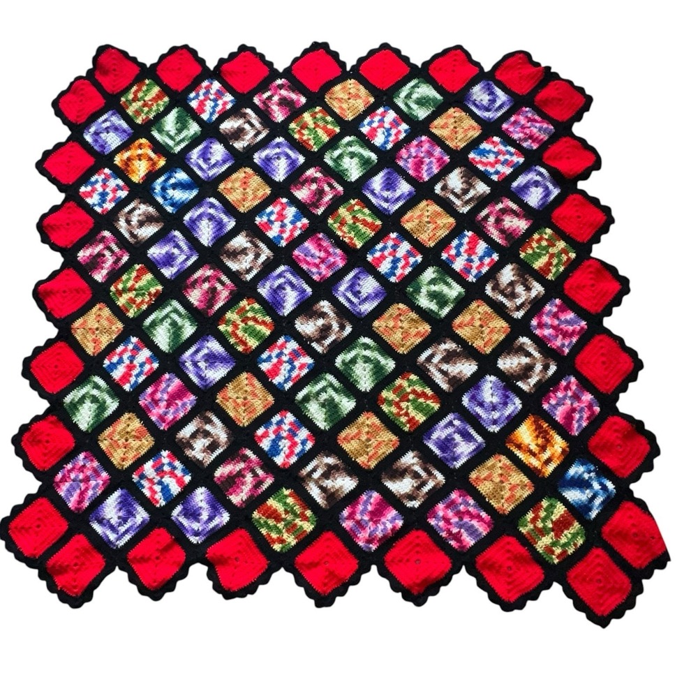 Vintage Colorful Granny Square Afghan HandMade 70s Boho 61 X 61 Sofa Chair Throw